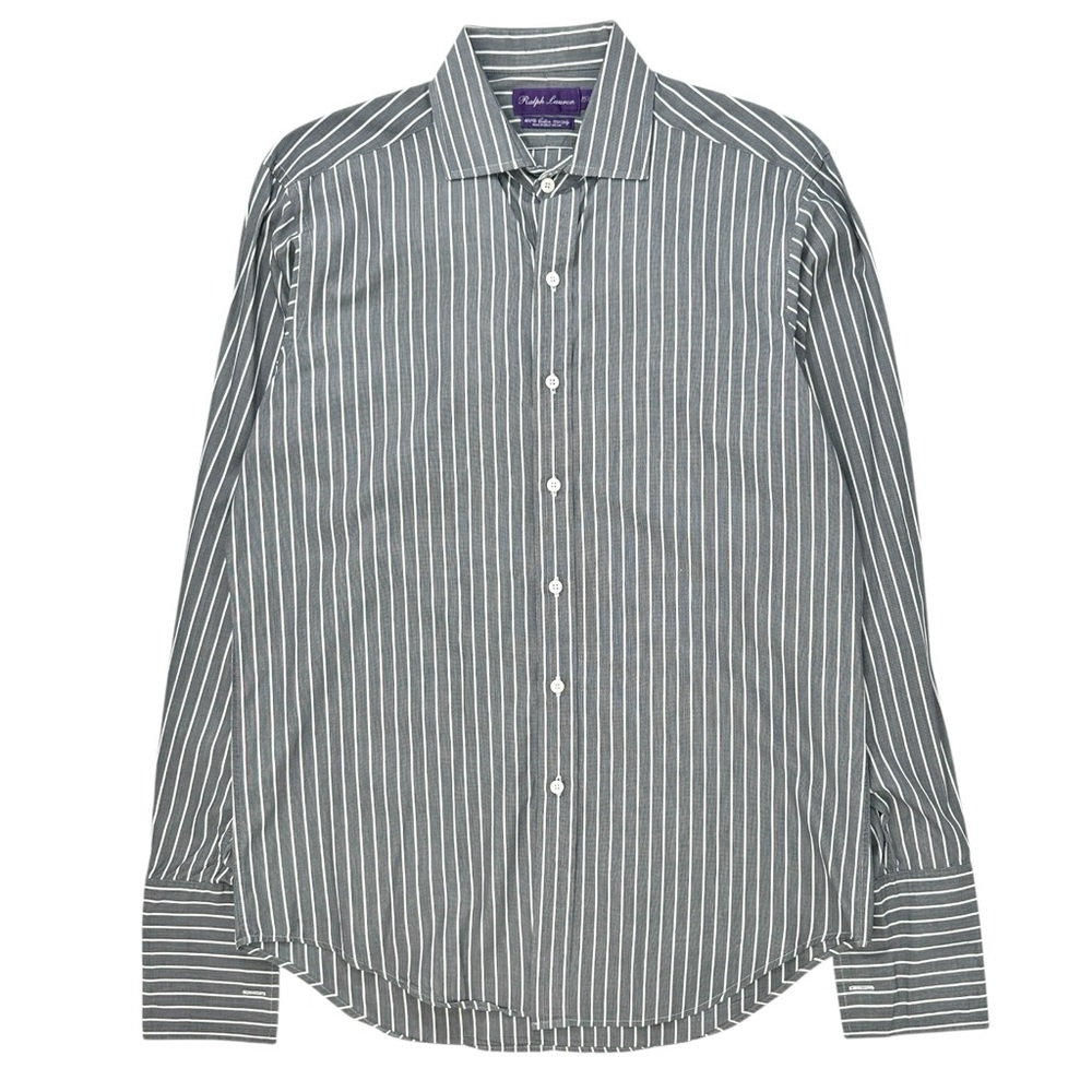 RALPH LAUREN PURPLE LABEL Gray & White Striped French Cuff Button Up Dress Shirt